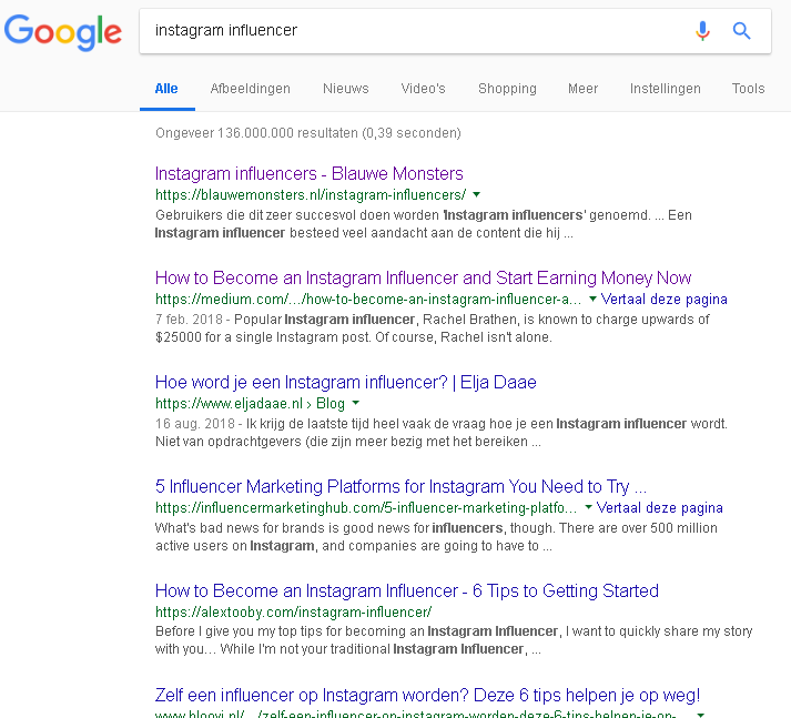 Figure 2: Searching for 'instagram influencer' on Google