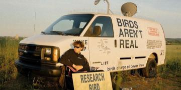 Image 1: Birds Aren’t Real van and the founder of the movement Peter McIndoe