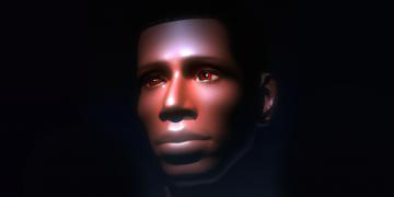 Digital rendering of a dark skinned male face, dark background