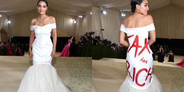 Alexandria Ocasio-Cortéz in her TAX THE RICH dress at the Met Gala 2021