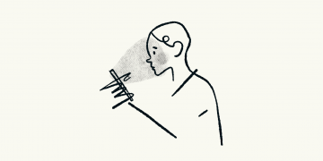 Line drawing of man looking at phone