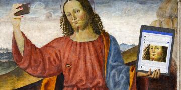 Jesus holds a smartphone to create a selfie for his Facebook timeline