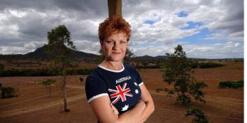 Pauline Hanson wearing Australian Flag top in the Australian outback